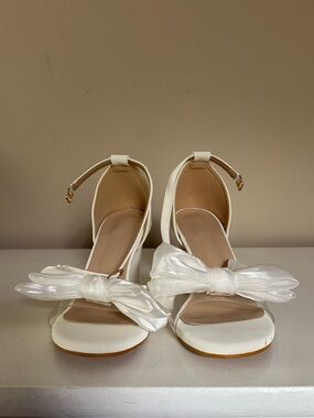 White Bow Ankle-Strap Women's Heels